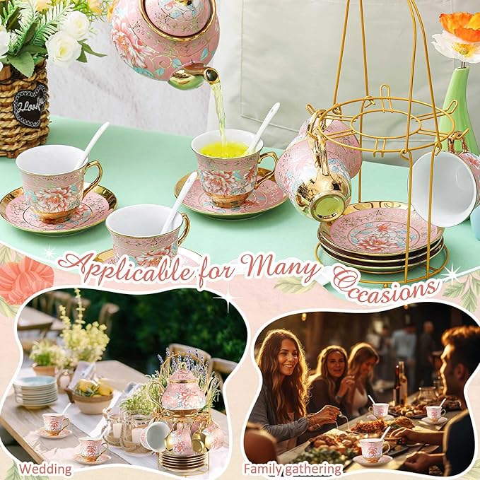 Zhehao 20 Pcs Porcelain Tea Set with Metal Holder and Spoon Adult Ceramic Tea Set European Flower Painting Teapot Cup Saucer Spoon for Women, Large Version (Pink Style)