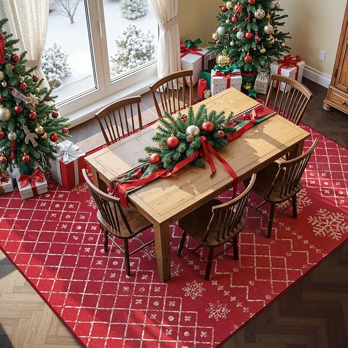 jinchan 8x10 Red Snowflake Christmas Rug Washable Large Area Rug for Living Room Bedroom Non-Slip Soft Carpet Xmas Geometric Floor Mat Winter Lattice Holiday Decor for Dining Room Porch