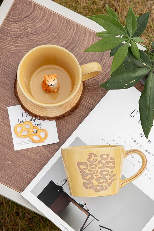 DIHOclub Leopard Coffee Cup Ceramic 3D Wild Animal Inside Mug,Cute Cartoon Handmade Figurine Mugs,Holiday and Birthday Gift for Coffee Milk Tea Lovers,12 OZ (Yellow Leopard)