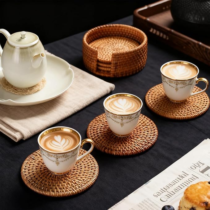 Handmade Rattan Coasters Set of 6 with Holder - Woven Aesthetic Drink Coasters for Table & Desk, Natural Boho Farmhouse Rustic Coffee Cup Pads, Home Bar Patio Table Outdoor Decor (Round)