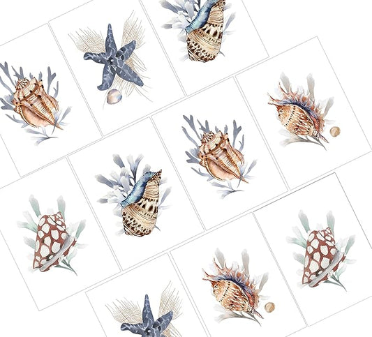 Sea Shell Greeting Cards - Set of 10 All Occasion 5 x 7 Note Cards with Envelopes. Blank Inside. Watercolor Designs of Seashells, Starfish and Coral