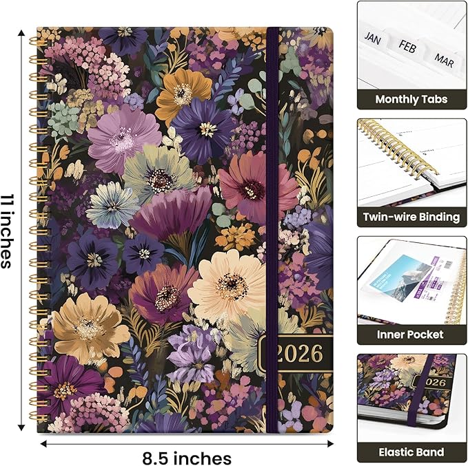 2026 Planner, Weekly and Monthly Calendar Planner for Women, Jan 2026 - Dec 2026, Hardcover Planning Agenda book with Tabs, Spiral Bound, Inner Pocket, Perfect for School Office Supplies, 8.5" x 11" - Midnight Bloom