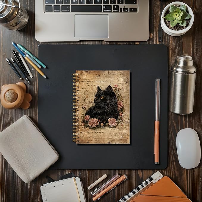 Vintage Moody Black Cat Notebook, Cats Lover Mom Lady Gifts Journal, Cat Office Supplies, Retro Pink Flower Kitten Aesthetic Spiral Journal Notebook, 5.5x8.3 Inch