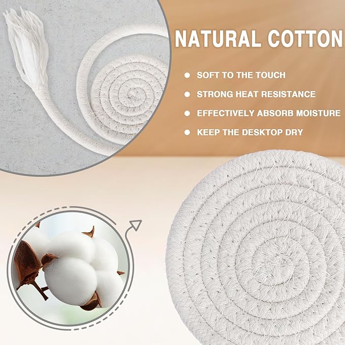 12 Pcs Handmade Woven Coasters for Drinks, Absorbent and Insulating Cotton Coasters with Seagrass Basket Holder set, Boho Perfect for Coffee Table and Home Decor
