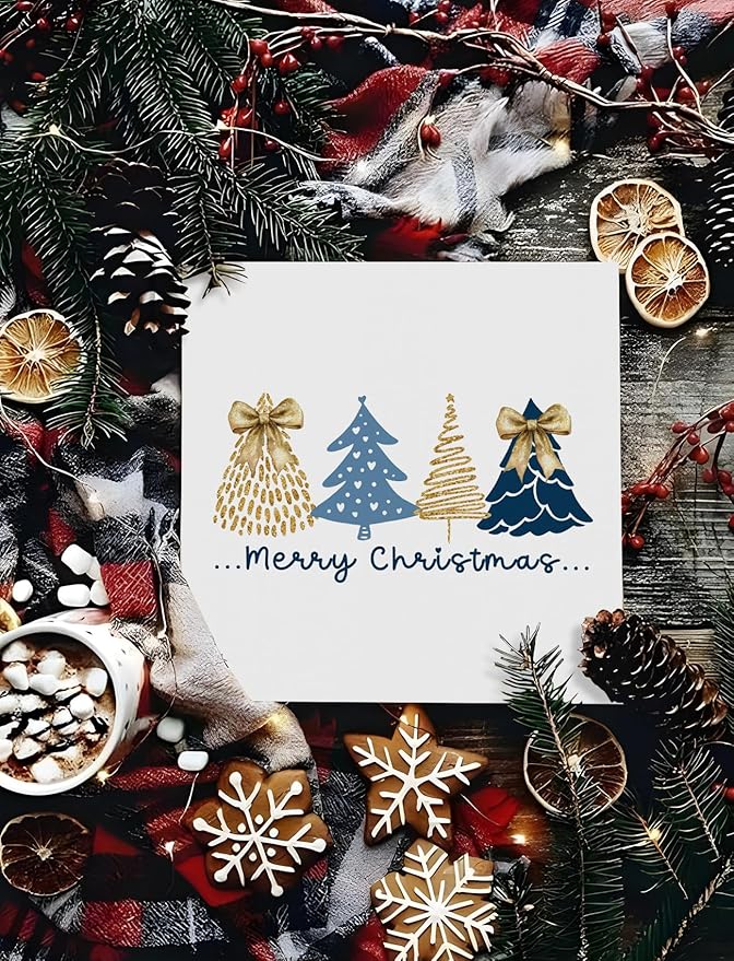 Coquette Navy Blue and Gold Christmas Tree Wooden Box Sign, Christmas Desk Decor, Preppy Girly Xmas Tree Winter Wood Signs for Home Office Desk Shelf Tabletop Decor, 5x5 Inch Decorative Signage