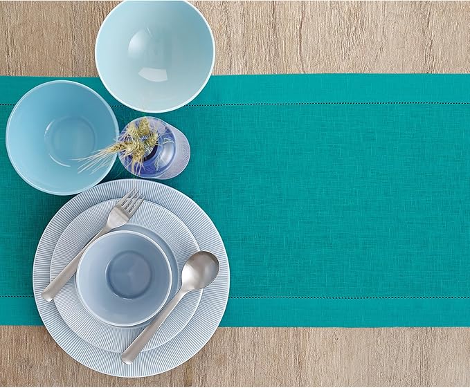 Solino Home Linen Table Runner 120 Inches Long - 100% Pure Linen Teal Table Runner 14 x 120 Inch - Classic Hemstitch