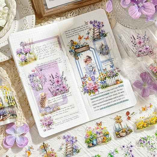 Deep Lane in Bloom PET Pre-Cut Floral Tape Set - 6 Rolls Transparent Garden Sticker Strips + 1 Clip for Scrapbook Journals Junk Journal Collage DIY Décor