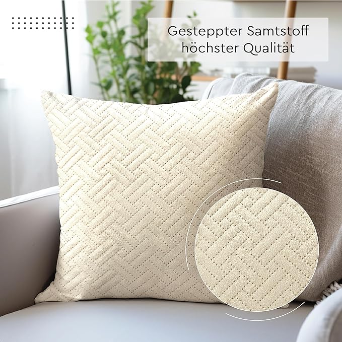 Encasa XO Throw Pillow Covers 18"x18" (Set of 2) | Solid Color Quilted Velvet Sofa Cushion Covers | No Insert | Both Side Quilted Fabric | Cream | Decorative Pillow Covers for Home