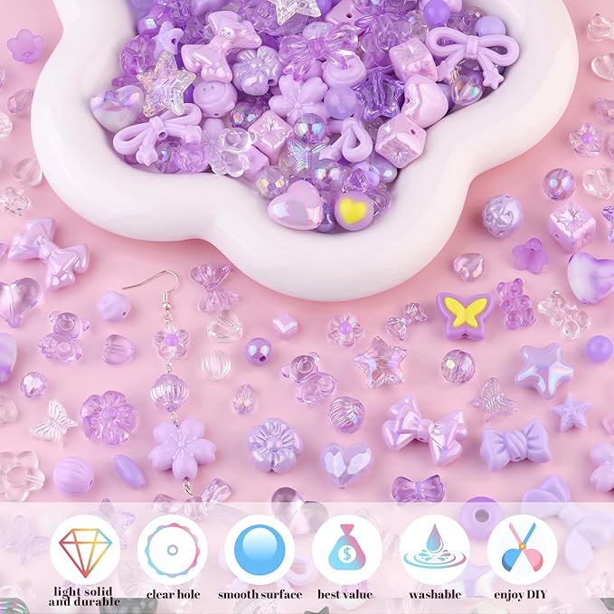 200-260PCS TINKRSTUFF Assorted Acrylic Beads Purple Cute Beads for Bracelet Making, Bow Flower Butterfly GummyBear Kawaii Charms, Aesthetic Bead for Necklace Keychain Jewelry Making DIY Phone Charm