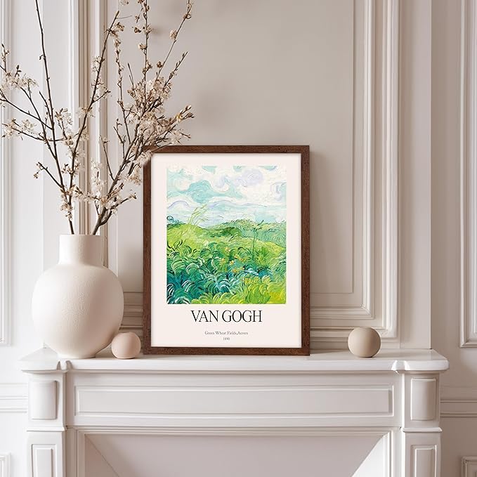 Monem Art Vintage Van Gogh Poster - Retro Impressionist Print - Green Wheat Fields, Auvers, Sky, Leaves, Landscape - Gift for Artist, Friend - Wall Decor for Home, Office, 8x10 Brown Framed