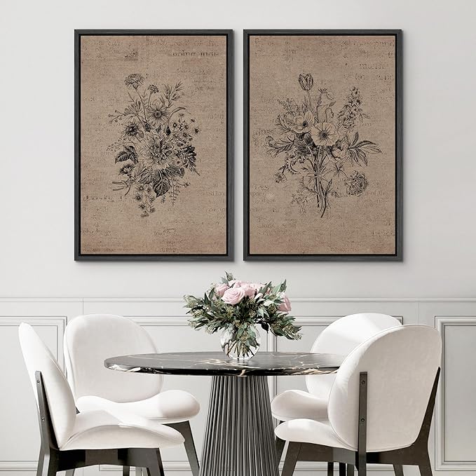 SIGNWIN Framed Canvas Print Wall Art Set Antique Floral Bouquets Vintage Engraved Flowers Modern Minimalism Decorative Nordic for Living Room, Bedroom, Office - 16"x24"x2 Black