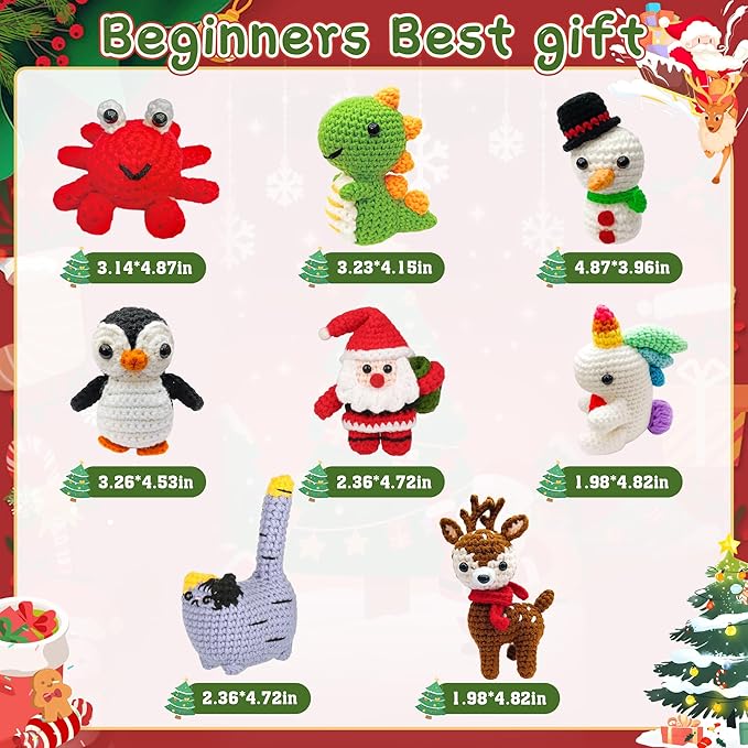 8Pcs Crochet Kit for Beginners, 2026 Great Christmas Gift for Crochet Lovers, DIY Craft for Adults and Kids, Crocheting Animal Kits with Step by Step Videos, Yarn, Crochet Hook, Birthday Holiday Gift