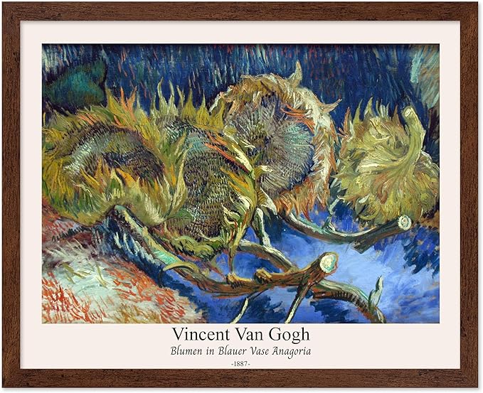 Monem Art Vintage Van Gogh Poster - Retro Blumen in Blauer Vase Anagoria Print - Sunflower Art - Impressionism Art - Fine Art - Classic Painting Art - Bedroom Wall Decor - 16x20 Brown Framed