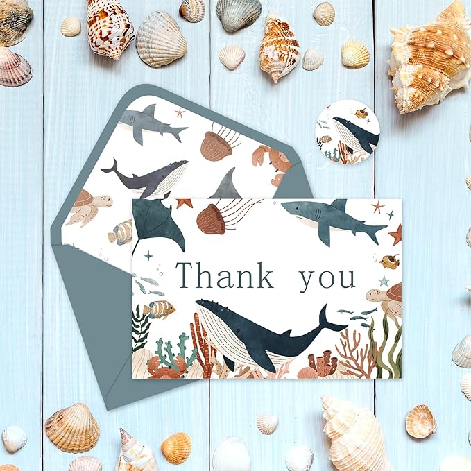 24 Pack Ocean Animal Thank You Cards Bulk Cute Sea Life Greeting Cards with Envelopes Stickers Blank Note Cards for Birthday Baby Shower Party Supplies, 4 x 6 Inch