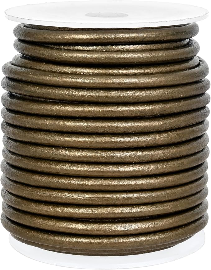 GENIQUE Real/Genuine Round Leather String Cord for Necklace, Bracelets, Jewellery, Braiding (Military Green Metallic, 3mm)