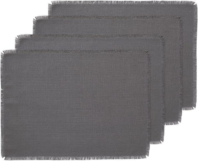 Solino Home Linen Fringe Cloth Placemats Set of 4-100% Pure Linen Charcoal Placemats 14 x 19 Inch for Winter, Spring - Handcrafted and Machine Washable