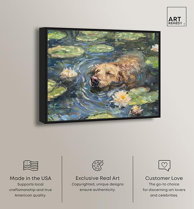 Art Remedy Monet Water Lilies Dog Rustic Chic Farmhouse Canvas Wall Art, Black Floater Frame, 30"x24"