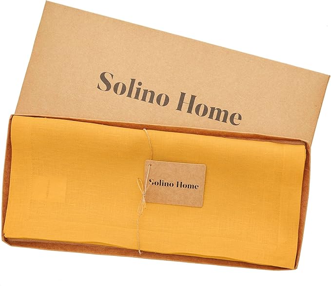 Solino Home Linen Table Runner 108 Inches Long - 100% Pure Linen Tangerine Yellow Dining Table Runner 14 x 108 Inch for Spring - Fete