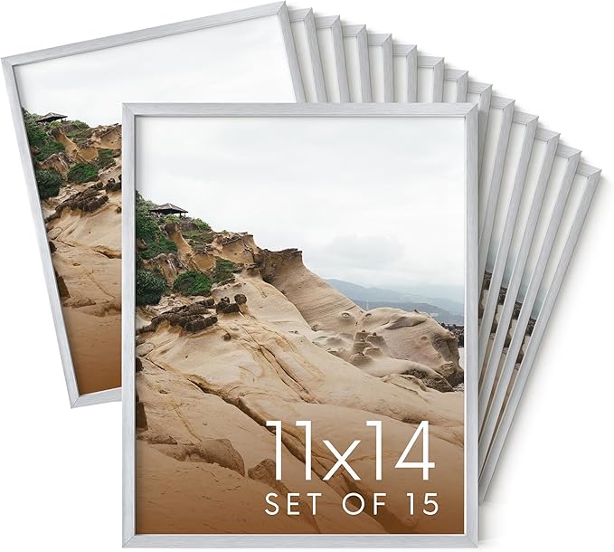 HAUS AND HUES 11x14 Silver Metal Picture Frames - Features Premium Aluminum, Vertical & Horizontal Hang, Shatterproof Plexiglass - Perfect for Home, Room, Office (11x14 in, Silver, Set of 15)