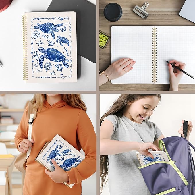 Cute Spiral Notebook journal A4 Aesthetic Pretty Design for Women Girls Kawaii with Pocket, 8.5 x 11 inch, Graph, Turtle