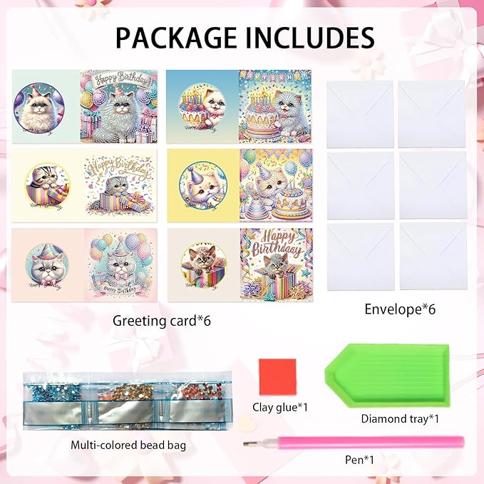 6-Pack Pets Birthday Diamond Painting Greeting Card Kits, Special Shaped Diamonds Painting, DIY Handcraft for Relatives and Friends with Wishes,Unique Design Crafting for Birthday Cards