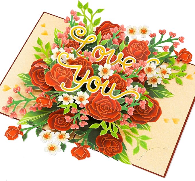 Floral Red Roses Pop Up Card, Love You, Elegant 3D Greeting Cards, Gifts for Birthday, Mothers Day, Anniversary, Valentines Day, 5x7 - Includes Envelope And Message Note