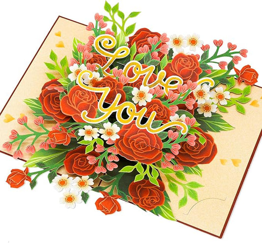 Floral Red Roses Pop Up Card, Love You, Elegant 3D Greeting Cards, Gifts for Birthday, Mothers Day, Anniversary, Valentines Day, 5x7 - Includes Envelope And Message Note