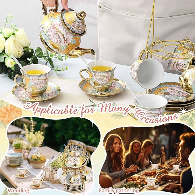 Zhehao 20 Pcs Porcelain Tea Set with Metal Holder and Spoon Adult Ceramic Tea Set European Flower Painting Teapot Cup Saucer Spoon for Women, Large Version(Classic Style)