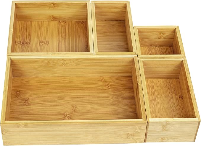 VaeFae 5 PCS Bamboo Drawer Organizers Set, 5-size Wooden Organizer Box, Storage Bins for Kitchen, Bathroom, Office, Bedroom and Living Room
