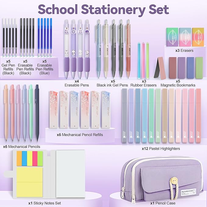 61 PCS Aesthetic School Supplies with Cute Pen Case, Pastel Highlighters, Gel & Erasable Pens, Mechanical Pencils, Refills, Complete Essentials Stationery Kit for Students (Purple)