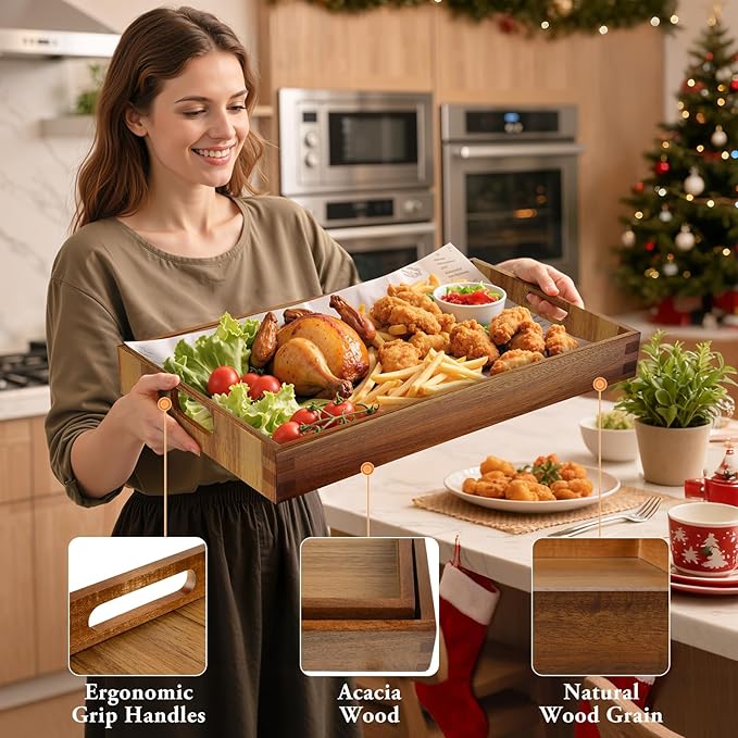 Serving Trays - 2 Pack, Acacia Wood Serving Platters with Ergonomic Handles, Versatile Rustic Decorative Trays for Breakfast, Brunch, Dinner, Coffee Table, Party, Kitchen-M