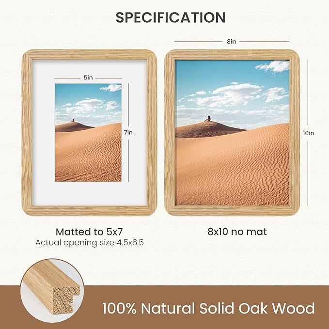 Dreamland 8x10 Picture Frame, Solid Oak Wood Photo Frame with Mat for 5x7, Round Corner 8 x 10 Matted Picture Frames with Resistant Plexiglass for Wall Mounting or Tabletop, Oak Color, Set of 1