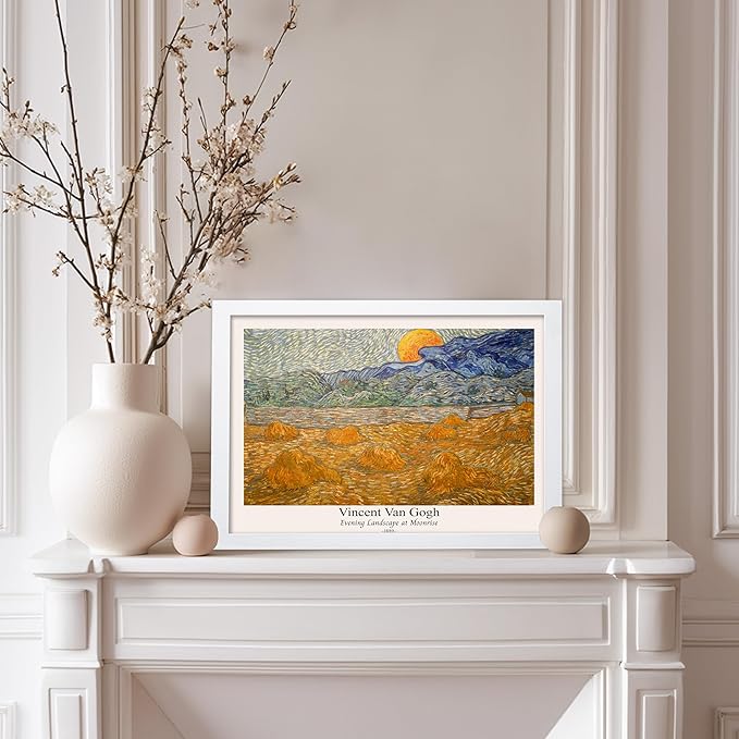 Monem Art Vintage Van Gogh Poster - Retro Evening Landscape at Moonrise Print - Impressionism Art - Fine Art - Classic Painting Art - Aesthetic Living Room Wall Decor - 11x14 White Framed