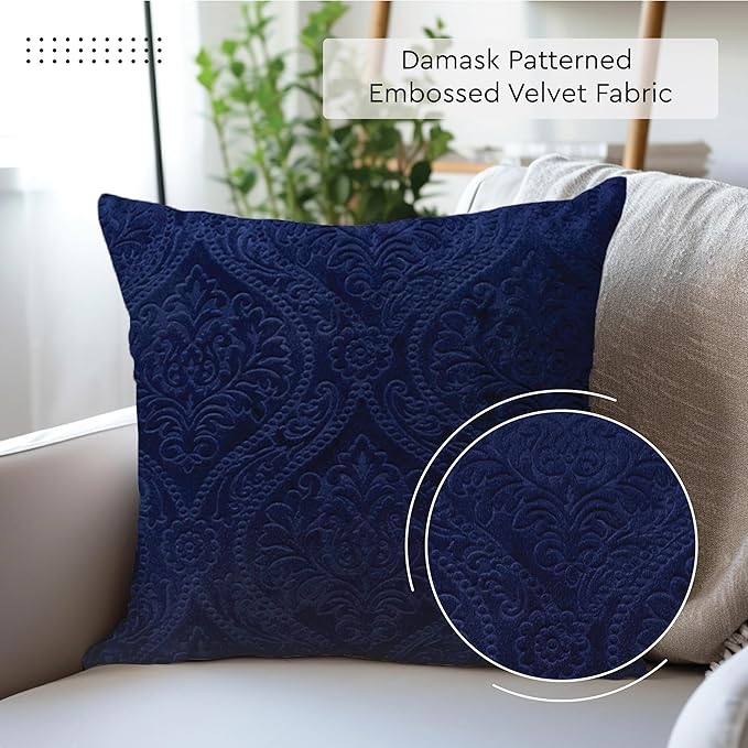Encasa XO Luxury Embossed Velvet Throw Pillow Covers - Plush Cushion Covers for Elegant Living Rooms & Bedrooms, Machine Washable, 18"x18" Navy Blue | Set of 2 | Covers Only No Insert