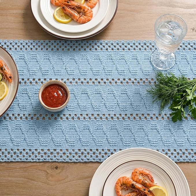 Artoid Mode Sky Blue Farmhouse Woven Rustic Hollow Table Runner, Seasonal Holiday Hollow Kitchen Dining Table Decoration for Home Party Decor 12x108 Inch