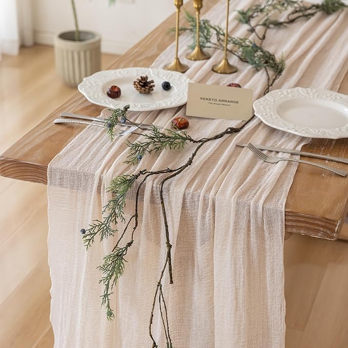 Keketoarrange Beige Cheesecloth Table Runner Gauze Rustic 120 Inch 10 FT for Wedding Baby Shower Bridal Shower Birthday Engagement Garden Party Long Sheer Boho Spring Easter Home Decorations