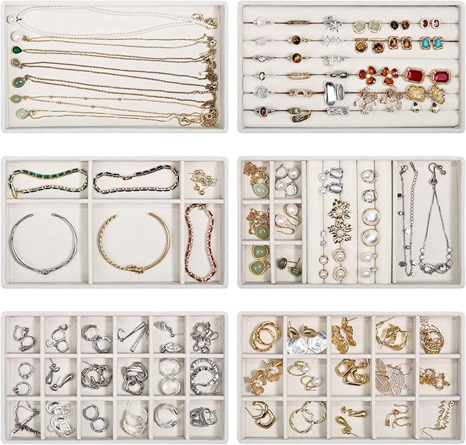 Stackable Jewelry Organizer Trays with Removable Dividers, 6-Tray Beige Jewelry Drawer Organizer Set for Earrings, Necklaces, Rings & Bracelets Gift for Her