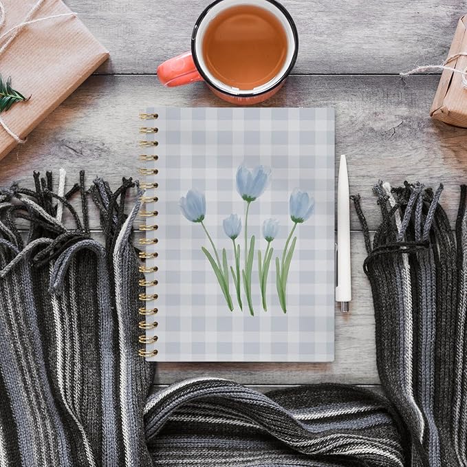VONTP Blue Tulip Floral Spiral Notebook, Preppy Tulip Flower Aesthetic Journal, Blue Checkered Floral College Ruled Notebook Journal for Writing, 5.5x8.3