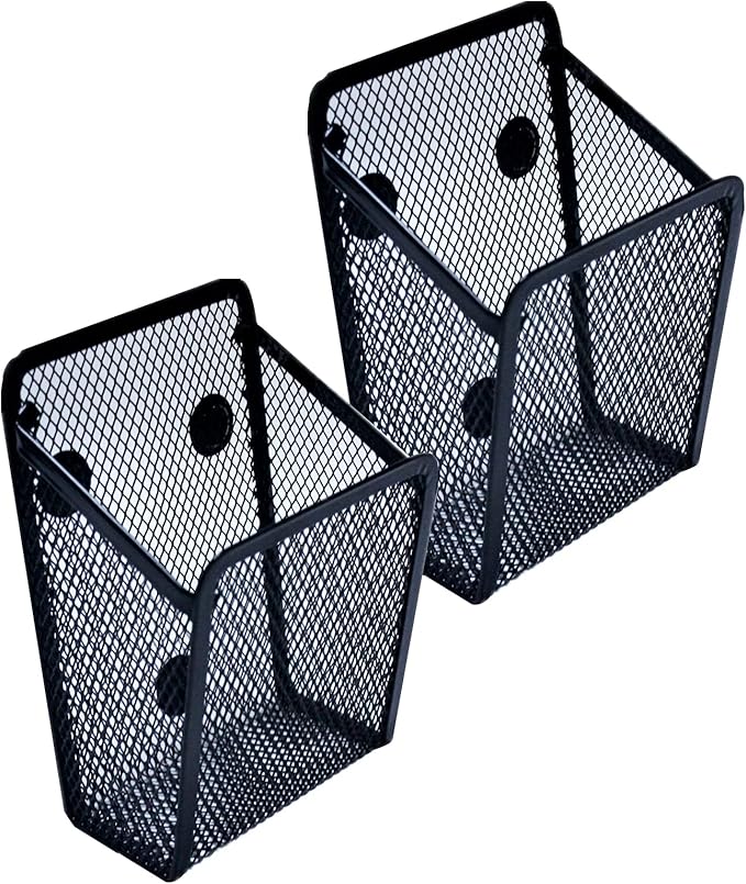 Mantouxixi 2 Pack Magnetic Pencil Pen Holder, Rectangle Metal Mesh Basket Storage Organizer with Extra Strong Magnet to Hold Refrigerator, Whiteboard, Locker Accessories, Office Supplies - Black