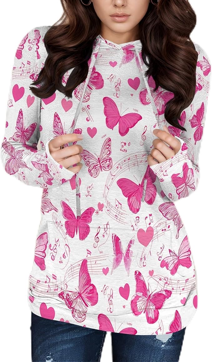 Hooded Sweatshirt Women Fall Butterfly Sweatshirts Lightweight Long Sleeve Pullover Tops Trendy Outfits Plus Size