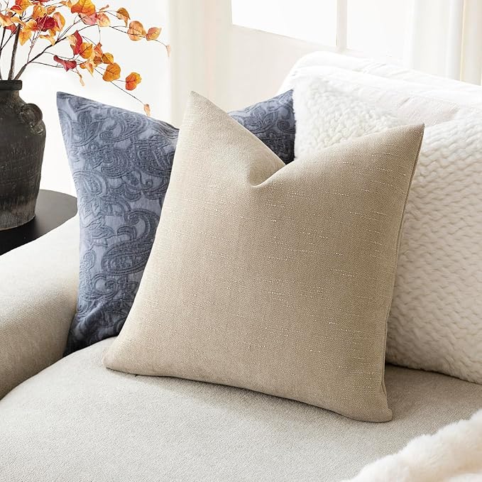 Foindtower Pack of 2 Soft Textured Chenille Throw Decorative Pillow Covers Square Accent Solid Cushion Cover Cozy Neutral Farmhouse Pillow Case for Couch Sofa Bedroom Living Room 22x22 Inch, Beige