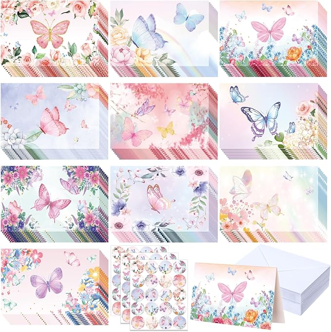 50 Pcs Blank Greeting Cards 4x6, Butterfly Design Blank Cards with Envelopes, 10 Designs, Ideal Stationary Set for All Occasions, Stationary with Matching White Envelopes and Stickers