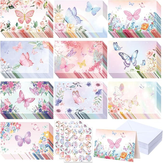 50 Pcs Blank Greeting Cards 4x6, Butterfly Design Blank Cards with Envelopes, 10 Designs, Ideal Stationary Set for All Occasions, Stationary with Matching White Envelopes and Stickers