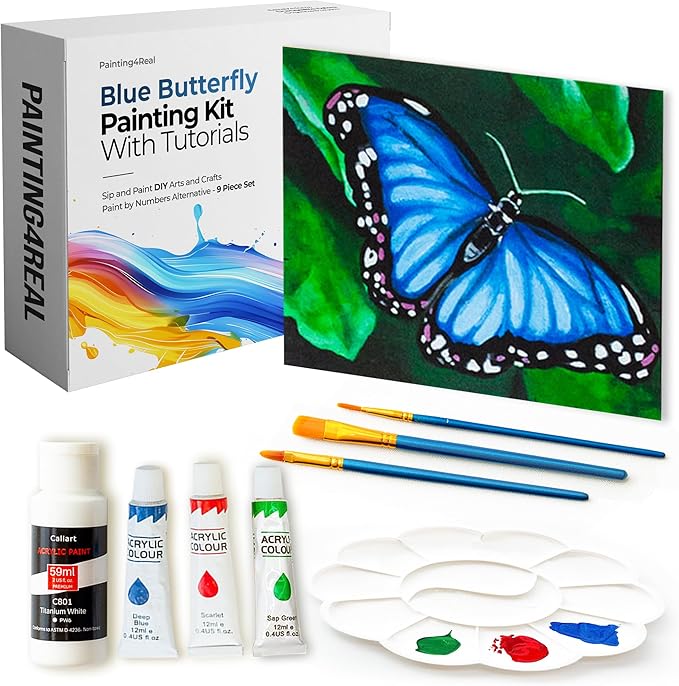 DIY Art Painting Kit for Adults – Learn to Paint Blue Butterfly with Video Tutorials – 9 Pieces Acrylic Paint Set for Kids – Perfect Christmas Gifts for Grandkids, Beginners & Art Lovers