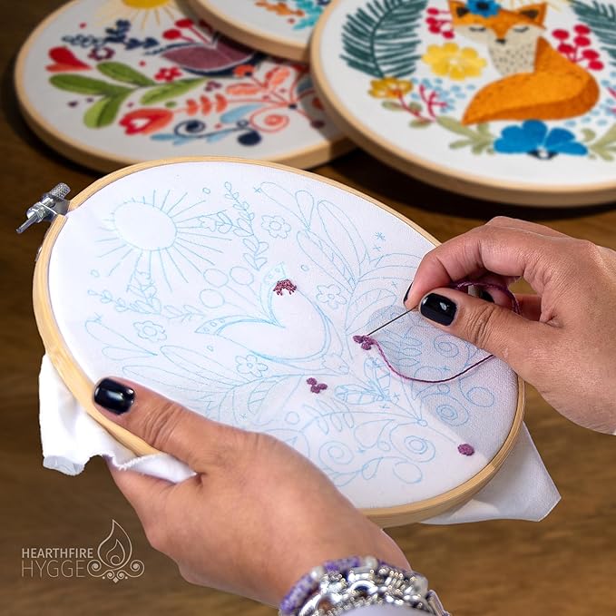 Hearthfire Hygge Embroidery Kit for Beginners | Scandinavian Folk Art Beginner Embroidery Kit for Adults | Fox, House, Flower Cross Stitch Kits for Beginners | Needlepoint Kits for Adults