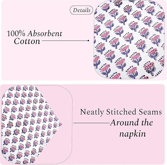 CPC Cloth Napkins 100% Cotton Set of 4 Reusable Napkins, Indian Block Print Toile Floral Dinner Napkin, Fall Thanksgiving Christmas Holiday Party Gift - Soft Absorbent Napkin, 18"x18" Pink Sapphire
