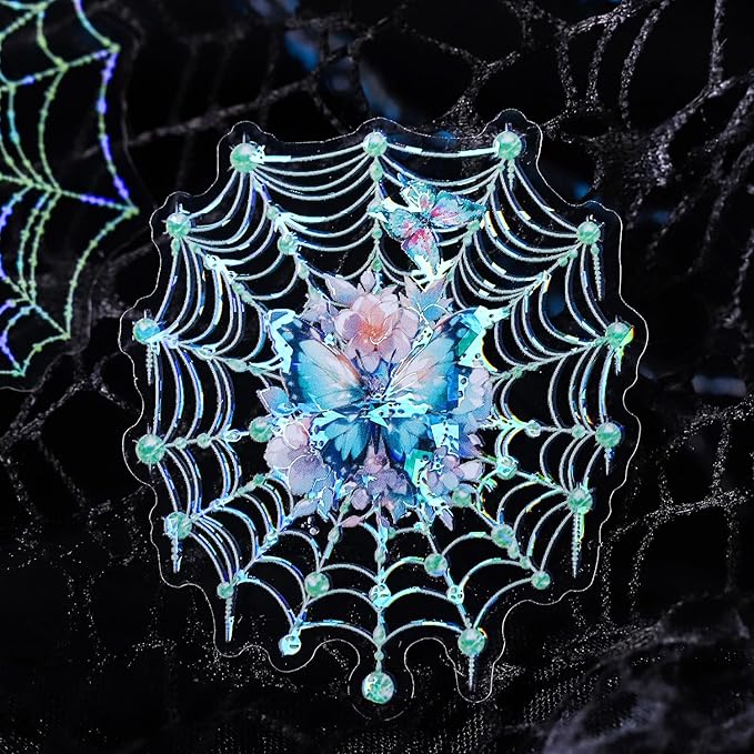 40 Pcs Large Holographic Spider Web Stickers – Transparent Waterproof Scrapbooking Stickers for Journaling,Resin Art,DIY Crafts,Junk Journals,Halloween Decorations
