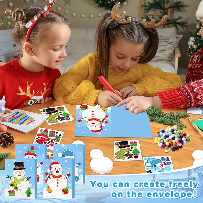 24 Sets Christmas Winter Card Making Craft Kit for Kids with Envelopes DIY 3D Snowman Cards Crafts Make Your Own Greeting Card Making Supplies for Holiday Xmas Party Home Classroom Decor Activities