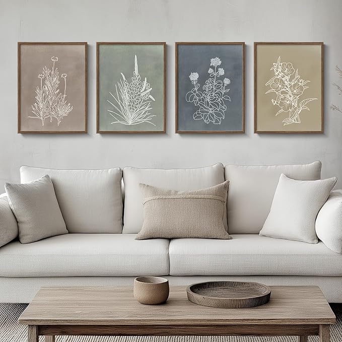 Framed Boho Botanical Wall Art for Living Room, 4 Piece Rustic Floral Canvas Painting Prints, Vintage Minimalist Neutral Flower Artwork for Modern Farmhouse Bedroom Dining Room Office Wall Decor