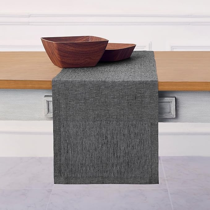 Solino Home Linen Table Runner 72 Inches Long - Athena, 100% Pure Linen Charcoal Grey Dining Table Runner 14 x 72 Inch for Winter - Handcrafted and Machine Washable